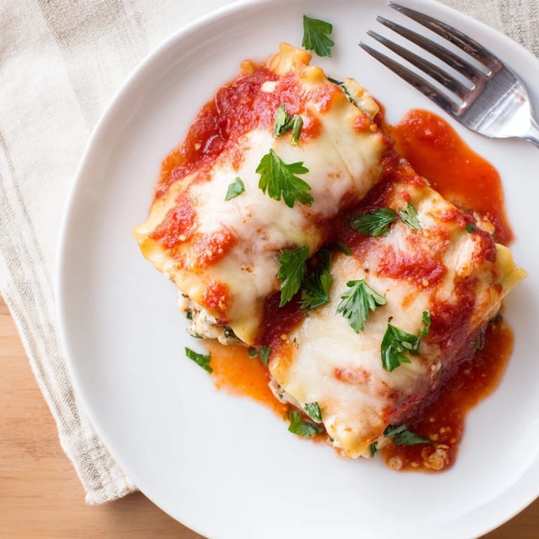 Sliced Chicken and Spinach Lasagna Rolls are served on a plate, garnished with herbs alongside a crisp green salad.