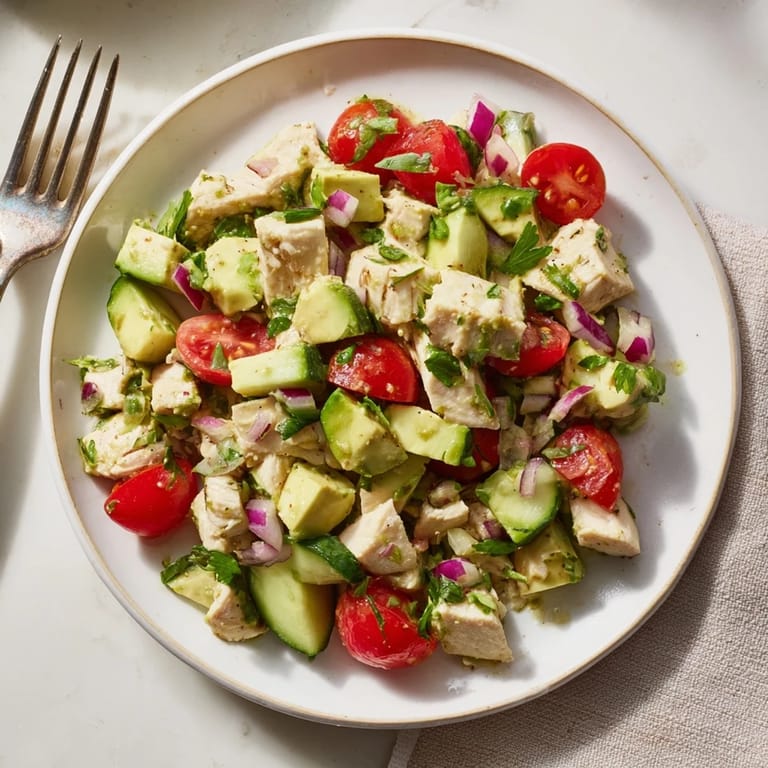 Chilled avocado chicken salad in a white bowl, ready for a healthy lunch or light dinner.