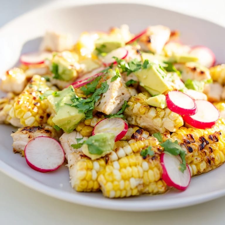Hearty, gluten-free Roasted Corn & Chicken Chopped Salad features smoky charred corn kernels and juicy diced chicken on a bed of cool, crunchy romaine.  