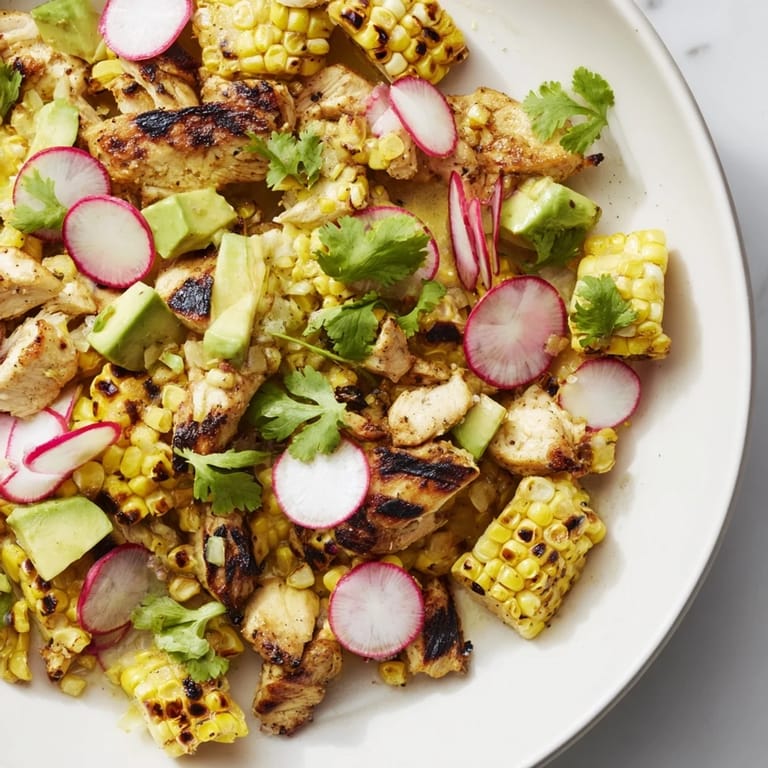 Colorful Roasted Corn & Chicken Chopped Salad combines tender chicken, creamy avocado, and vibrant radishes, finished with a bright lime-cumin dressing for extra zing.
