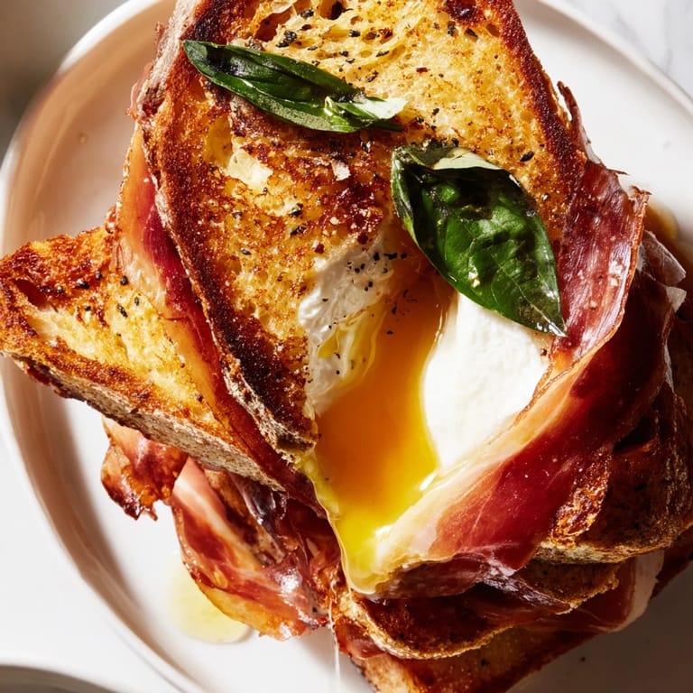 Crispy Prosciutto & Burrata Grilled Cheese half on a white plate, melted cheese and crisp pork slices visible.