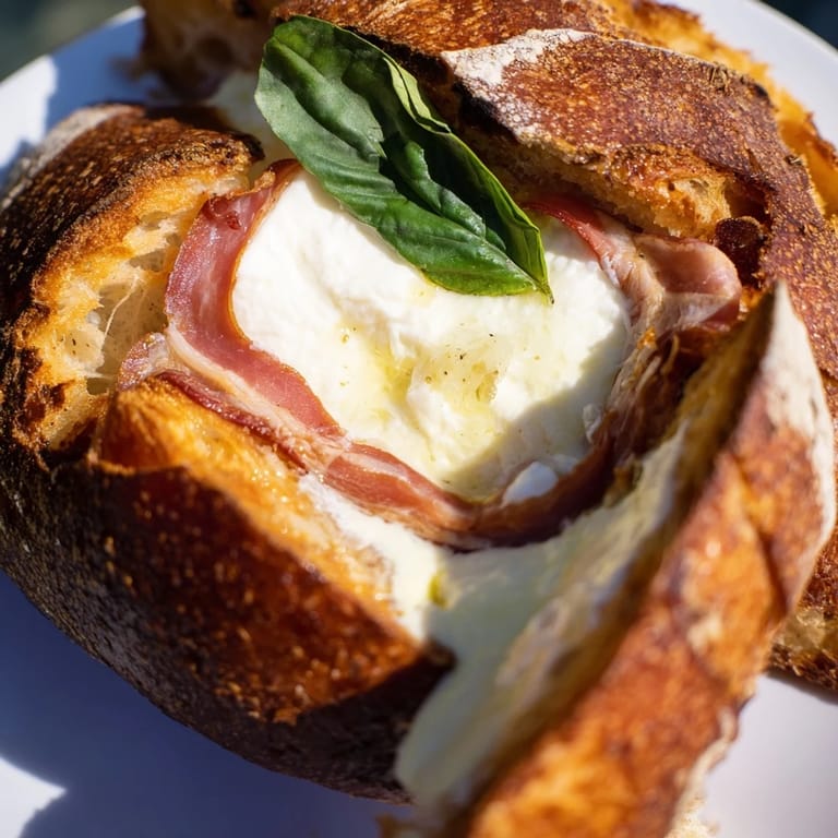Close-up of Crispy Prosciutto & Burrata Grilled Cheese on a wooden cutting board, steam rising from melted burrata.