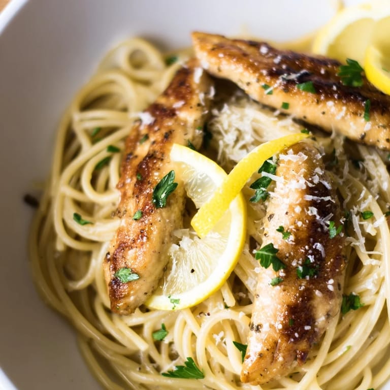 A close-up of Brown Butter Lemon Chicken Pasta with glossy sauce, garlic, and red pepper flakes, ready for an easy Italian-American weeknight dinner.