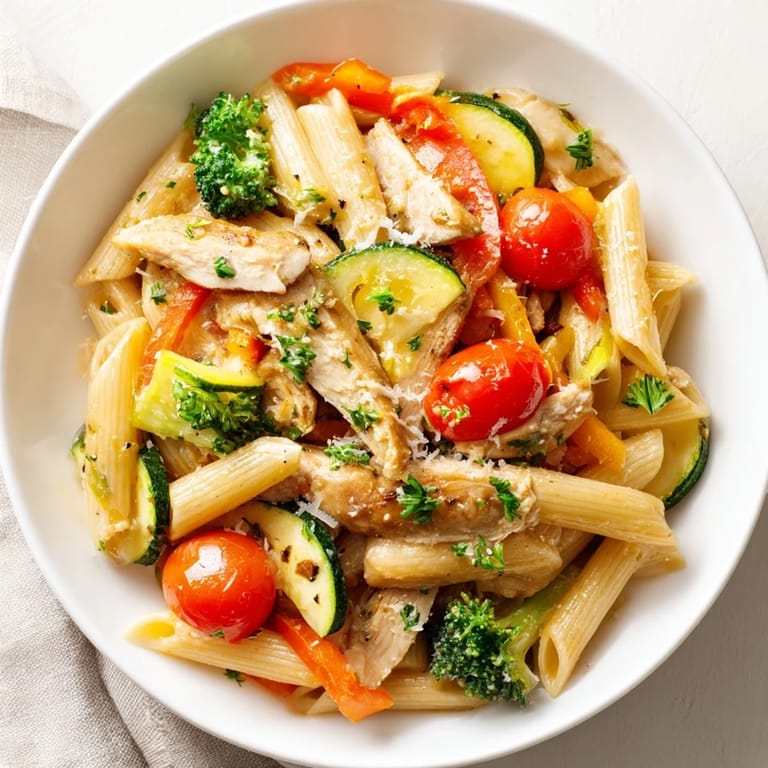 Aromatic garlic herb chicken and veggie pasta with fresh parsley and lemon zest on a dinner plate.