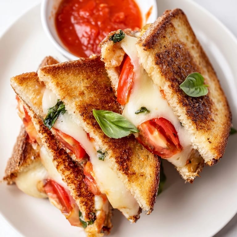Caprese Grilled Cheese Dippers resting on a platter with a bowl of marinara sauce, perfect for an Italian appetizer.
