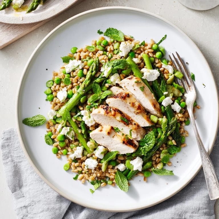 Savory Warm Spring Farro Chicken Salad served warm with crumbled feta and fresh herbs, offering a wholesome meal perfect for springtime lunches.  