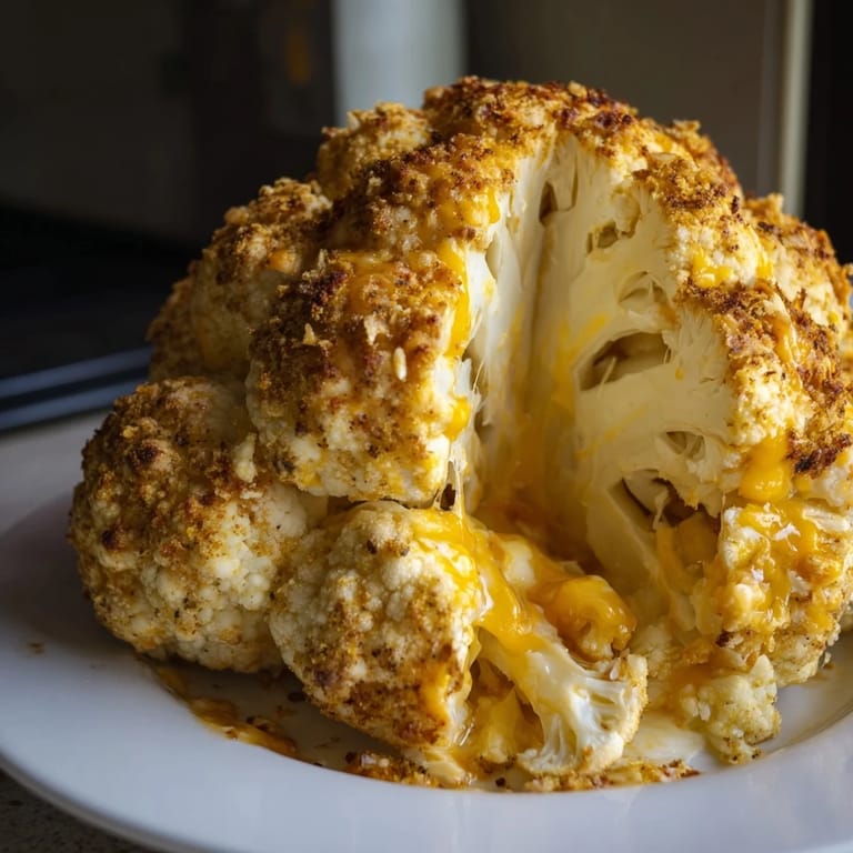 Savory Cheesy Stuffed Cauliflower Head with a creamy filling, garnished with fresh chives and ready to slice at a family dinner.