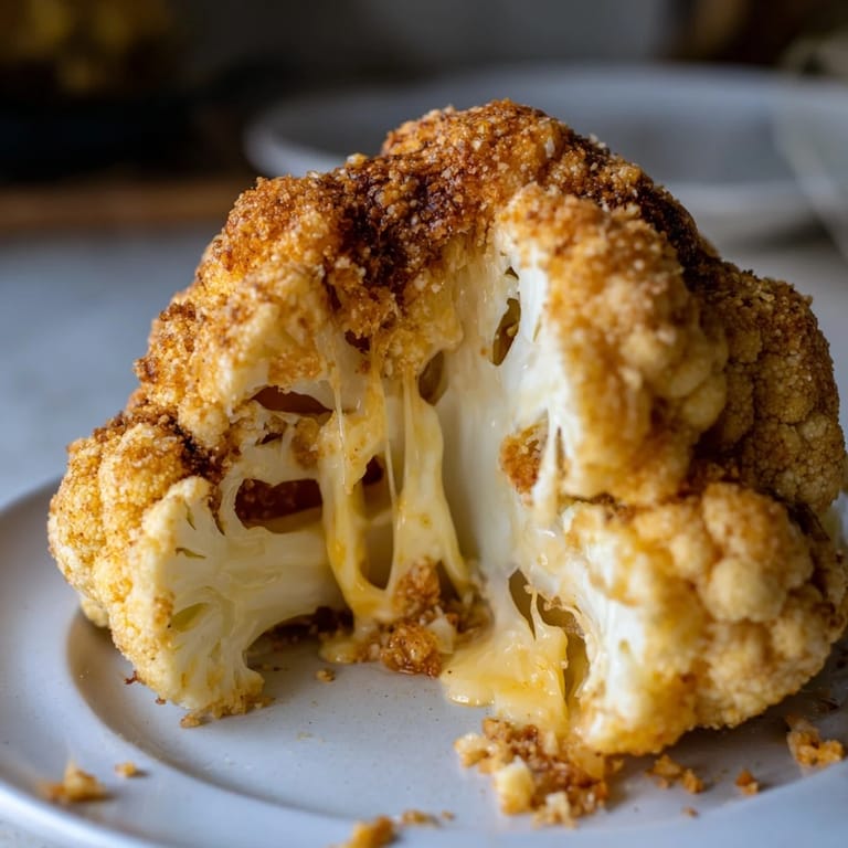 Perfectly baked Cheesy Stuffed Cauliflower Head with a crispy topping, ideal for a gluten-free vegetarian meal alongside a green salad.