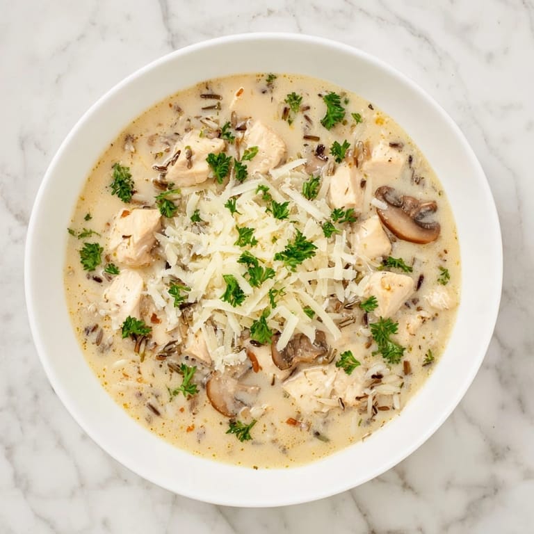 Savory wild rice soup with diced carrots, celery, and herbs, garnished with fresh parsley and extra Parmesan.