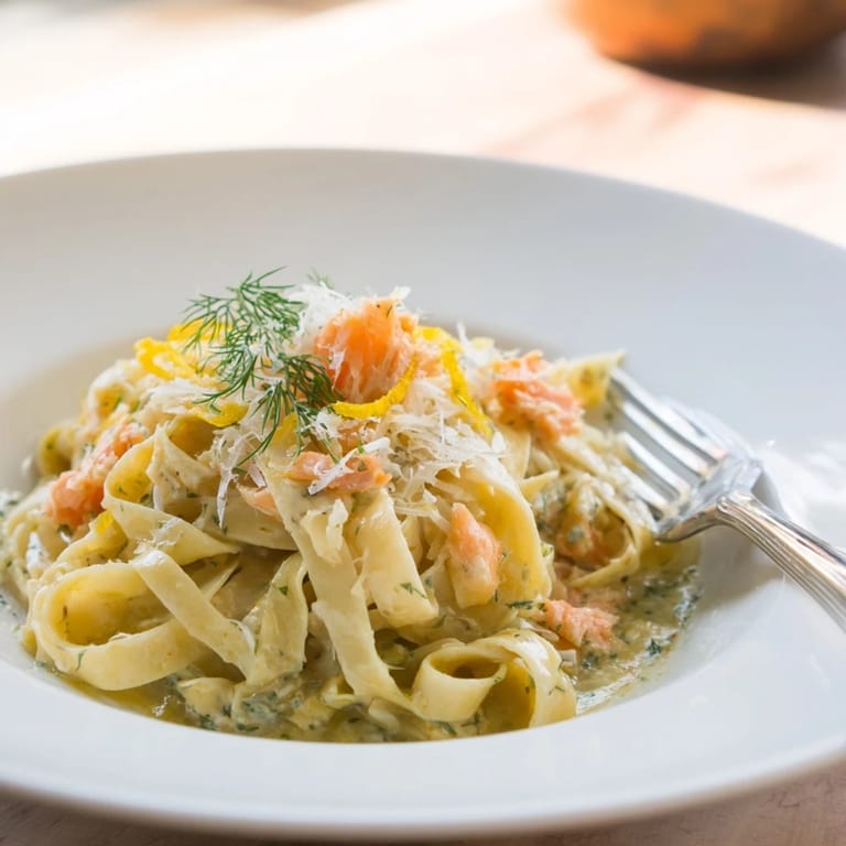 The Best Creamy Salmon Pasta in a white bowl, garnished with herbs and lemon, ready to serve.