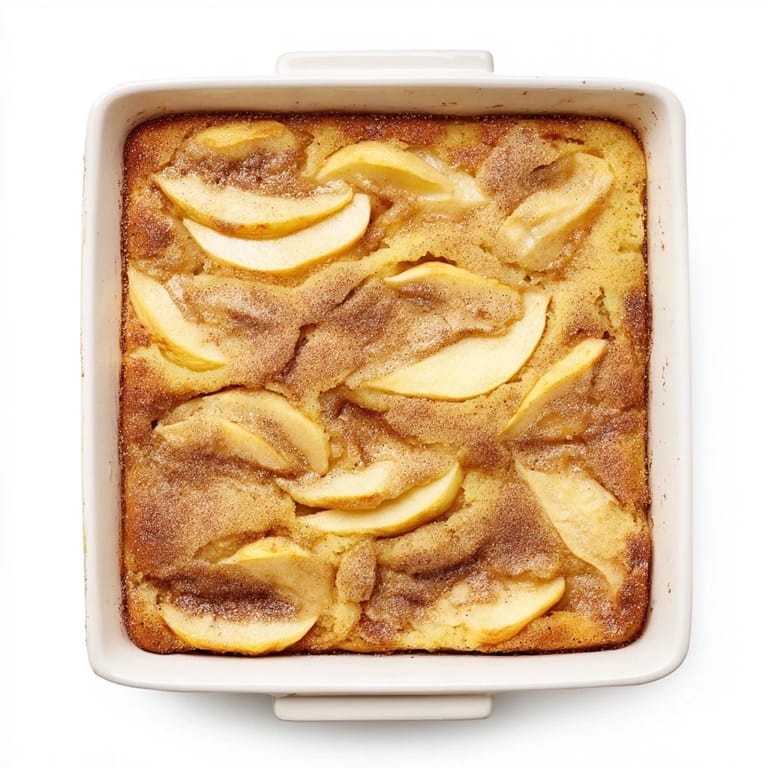 Warm slice of Baked Apple Cake served on a plate, dusted with powdered sugar, alongside a cup of coffee for a comforting brunch.