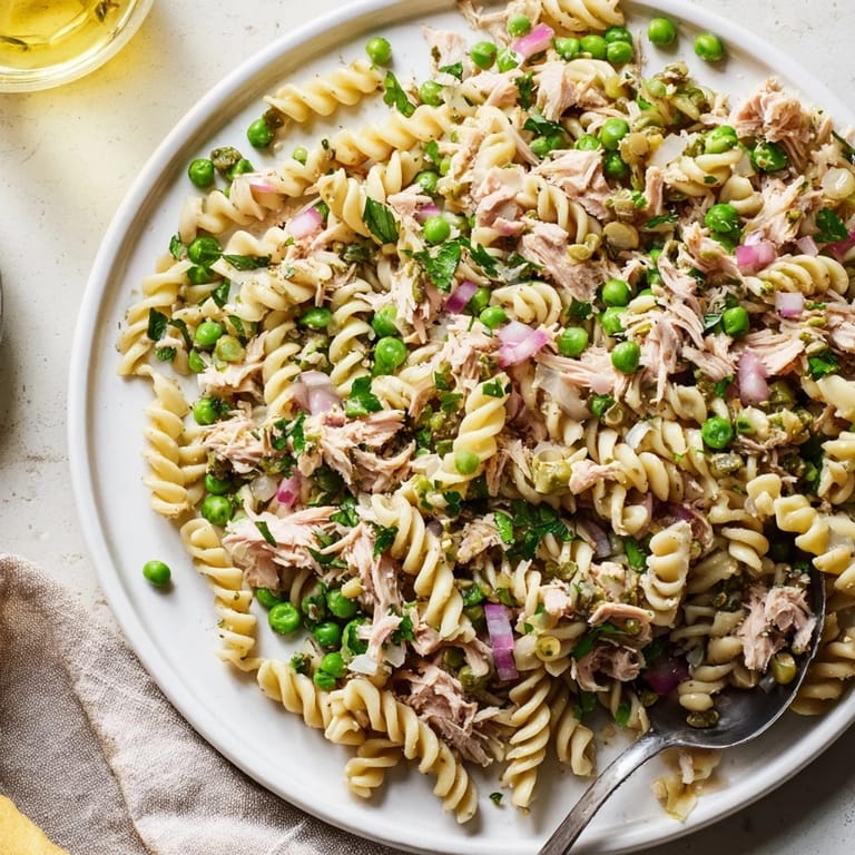 Ready-to-serve Lemony Tuna Pasta Salad garnished with dill and capers, perfect for a light lunch or summer picnic.