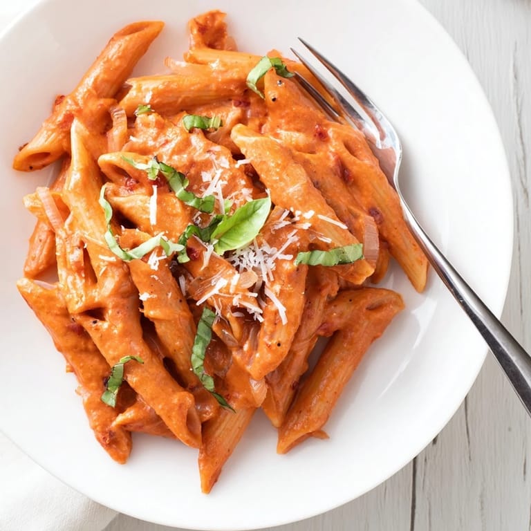 Creamy Roasted Red Pepper Pasta is served in a rustic white bowl, with a light dusting of Parmesan and a glass of white wine.