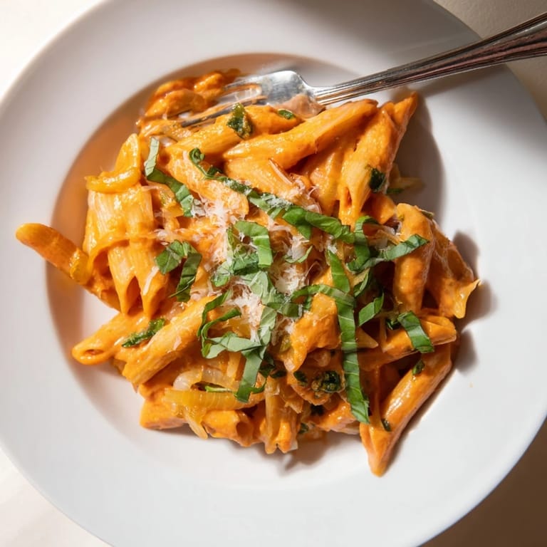 A skillet of Creamy Roasted Red Pepper Pasta shows the velvety sauce clinging to the noodles, with fresh parsley and a slice of crusty bread.
