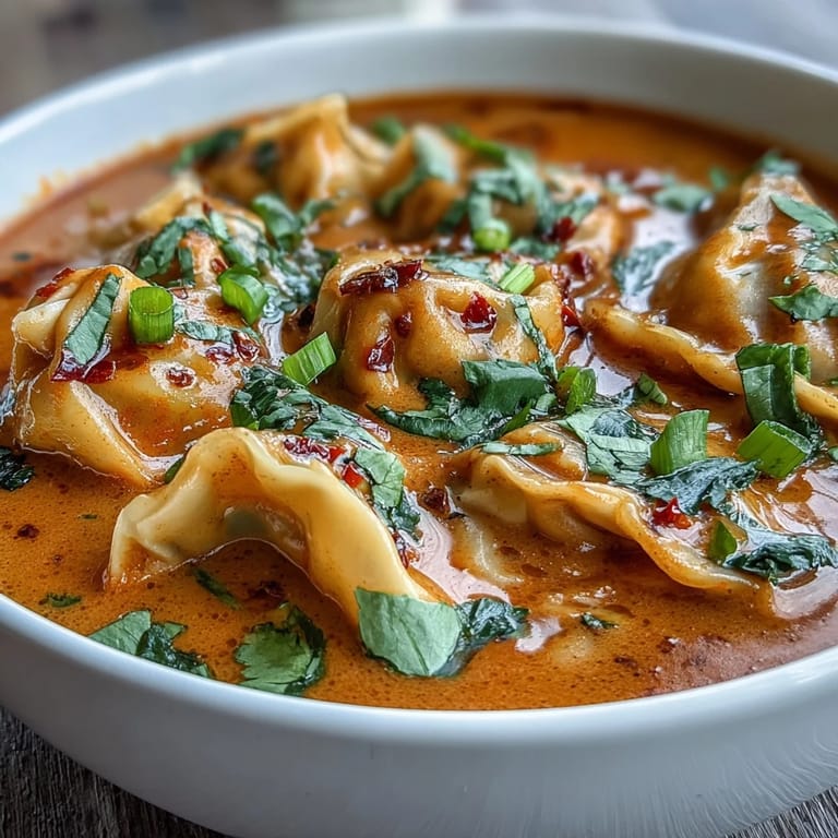 Fragrant Red Curry Wonton Soup with tender wontons and fresh greens served.