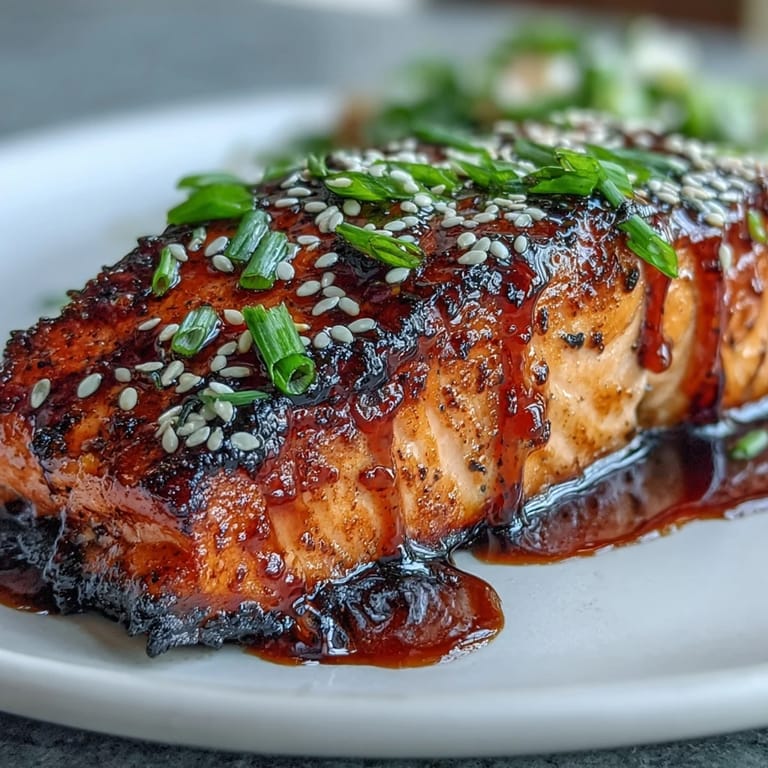 A close-up of Maple Soy Glazed Salmon, its glossy, caramelized surface glistening, served with crisp-tender vegetables and a wedge of fresh lime.