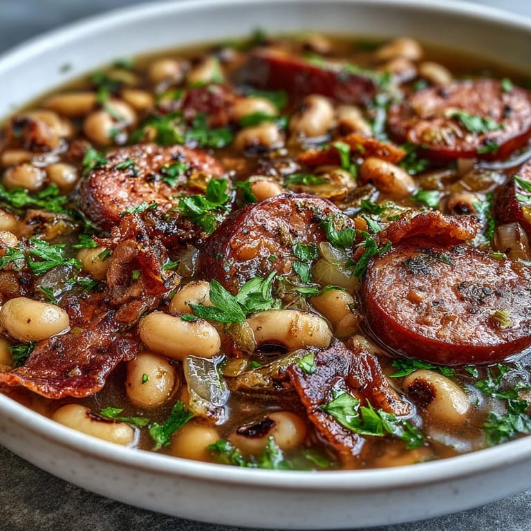 A hearty bowl of Southern black-eyed peas garnished with fresh parsley, served alongside warm cornbread for a comforting meal.  