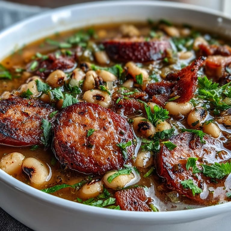 Close-up of tender black-eyed peas with diced bell peppers, celery, and sausage slices in a rich, savory broth.