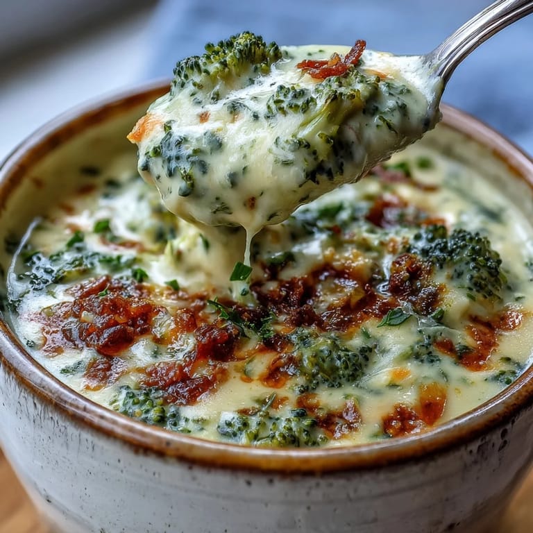 A steaming bowl of homemade roasted broccoli cheddar soup topped with extra cheese and thyme, perfect for chilly evenings