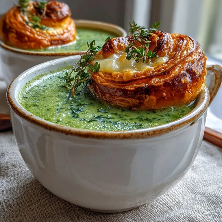 Velvety Creamy Broccoli and Butternut Squash Soup With Pastries, served hot for a comforting vegetarian meal.