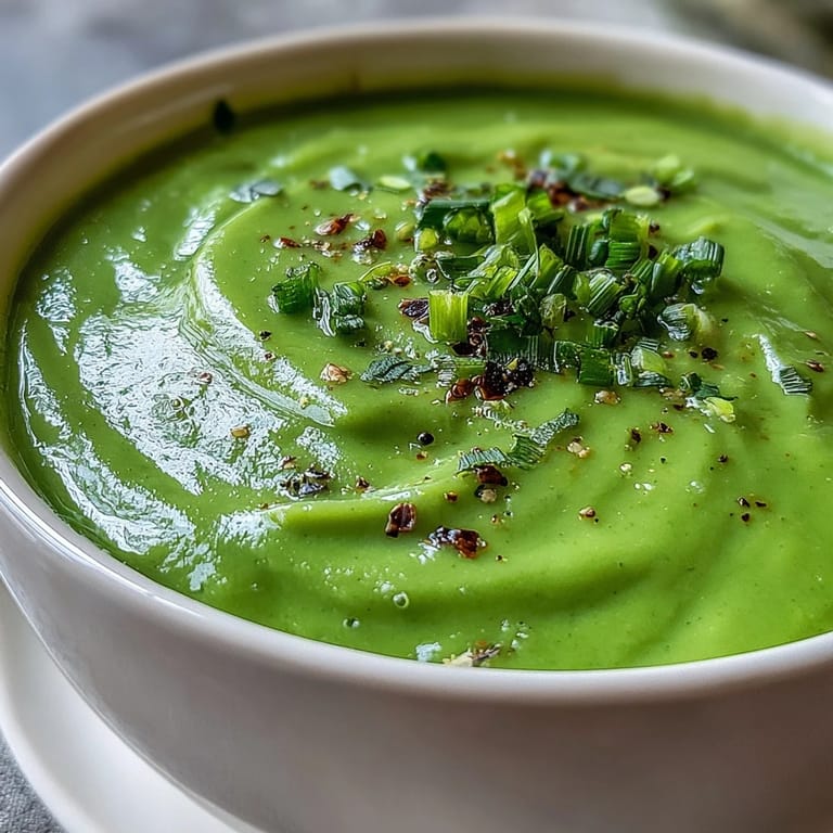 A bowl of velvety Cream of Broccoli Soup garnished with chives, served alongside toasted artisan bread.