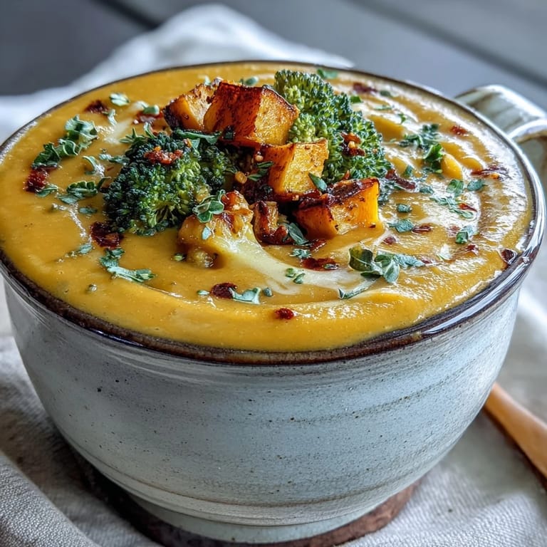A warm serving of butternut squash broccoli cheddar soup with crusty bread for dipping.