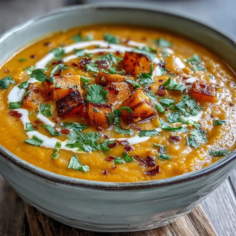 A close-up of creamy Butternut Squash and Lentil Soup in a mug, steam rising from the velvety orange blend.