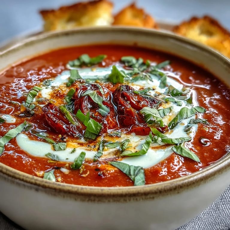 Silky smooth roasted tomato basil soup in a rustic white bowl, garnished with fresh basil and a drizzle of olive oil.