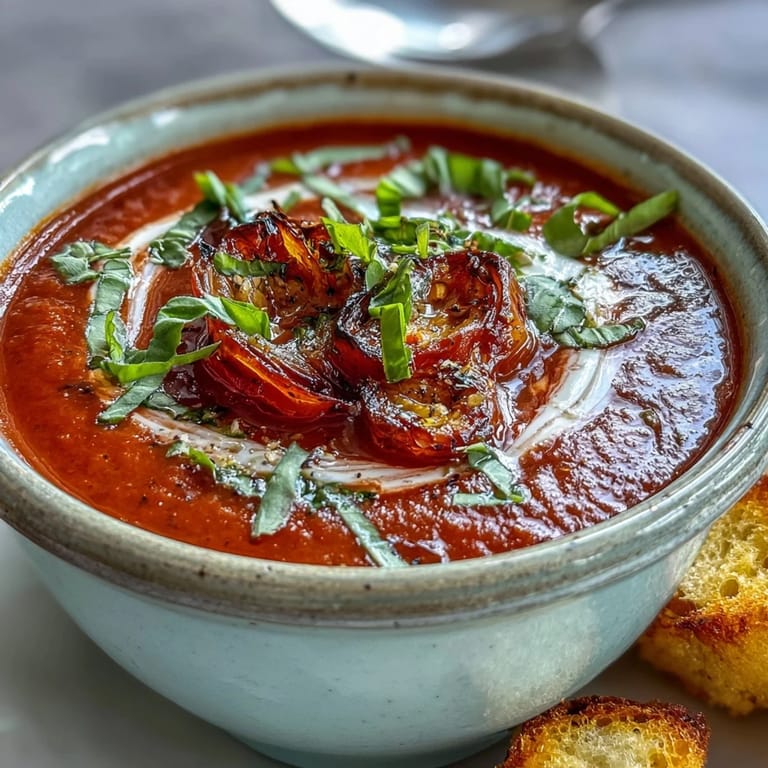 Garnished bowl of homemade roasted tomato basil soup, paired with toasted bread for dipping, ready to enjoy.