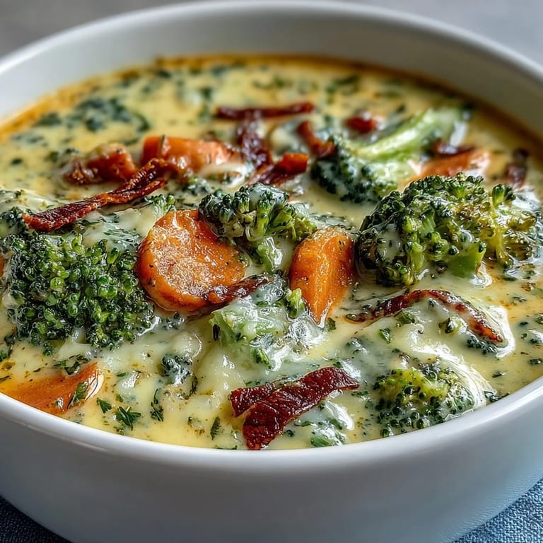 This rich Broccoli Cheddar Soup recipe has velvety orange cheddar cheese coating bright green broccoli and shredded carrots.