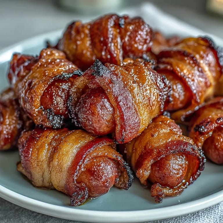 Savory Bacon-Wrapped Smokies arranged on parchment, showcasing the crispy bacon and tender sausage filling.