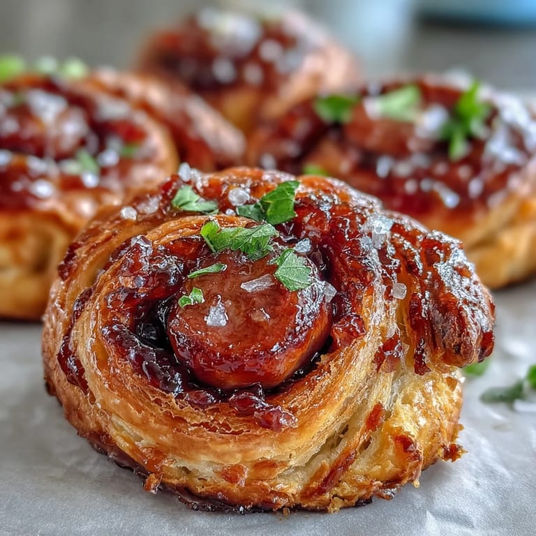 Five Pepper Jelly Hogs in a Blanket arranged on a wood serving board, ready to eat. The appetizers are golden and puffed, with a small bowl of extra pepper jelly for dipping.