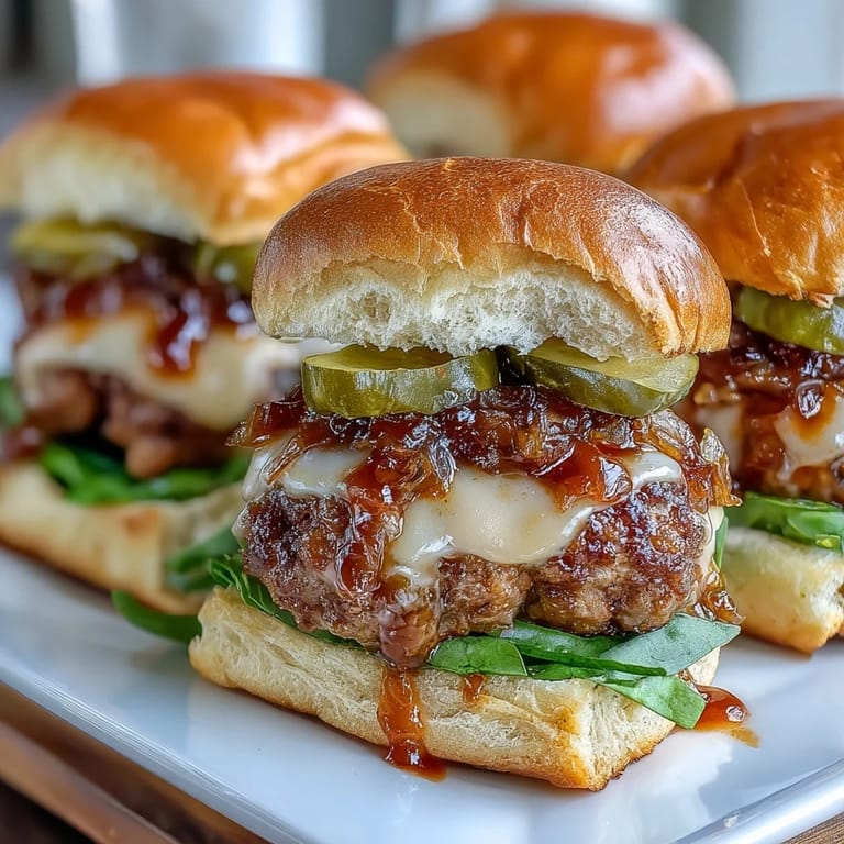 Stack of warm Touchdown Brat Sliders topped with melted cheddar beer cheese, golden onions, and sesame seeds.