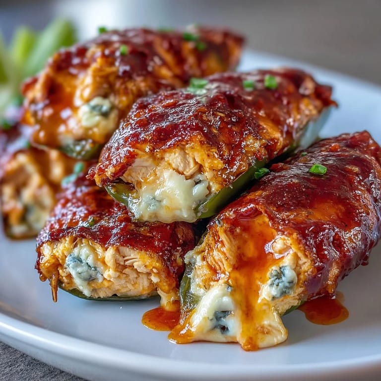 Halved Buffalo Wing Poppers reveal bubbling spicy chicken and cream cheese filling, a perfect gluten-free appetizer for spice lovers.