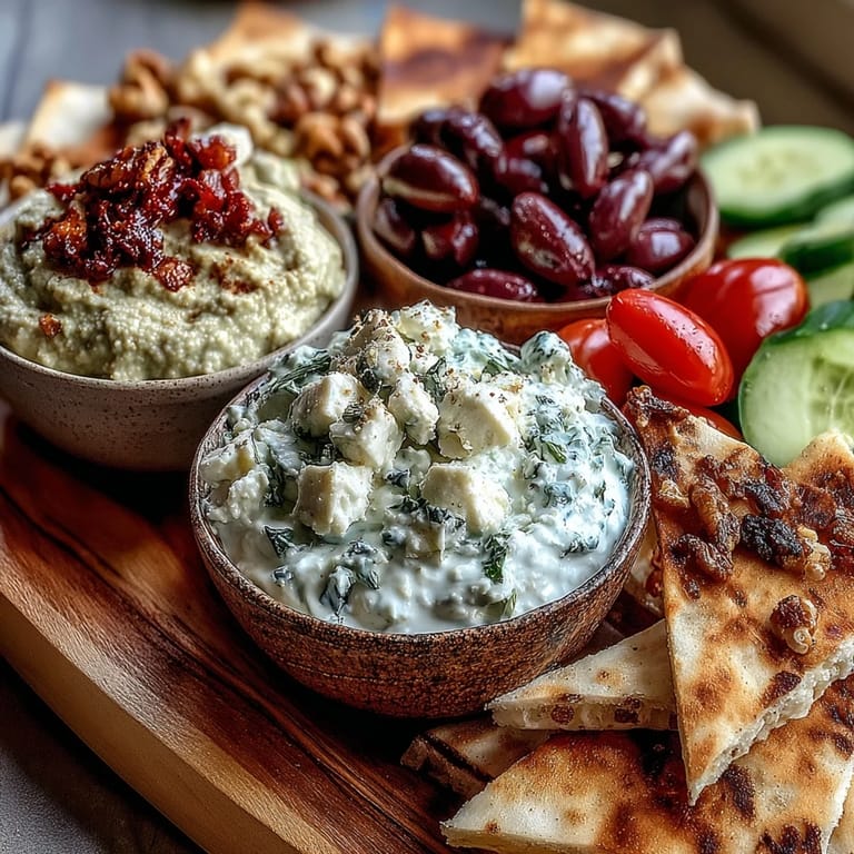 Colorful Mediterranean Brunch Board featuring fresh flatbreads, briny olives, mixed nuts, and a colorful array of vegetable slices.