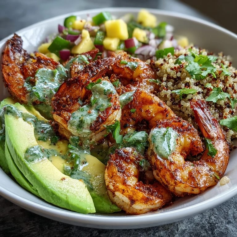 Fresh Shrimp and Creamy Avocado Bowls with Zesty Mango Salsa and Lime Chili Sauce feature smoky grilled shrimp, fluffy quinoa, and sliced avocado.