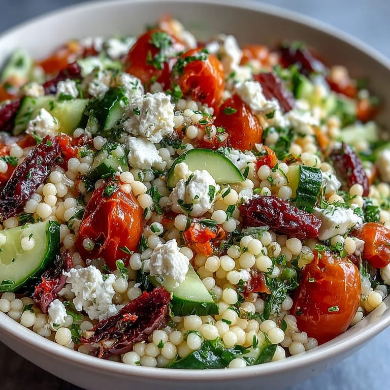 The Mediterranean Pearl Couscous salad is tossed in a zesty oregano vinaigrette and topped with crumbled feta.