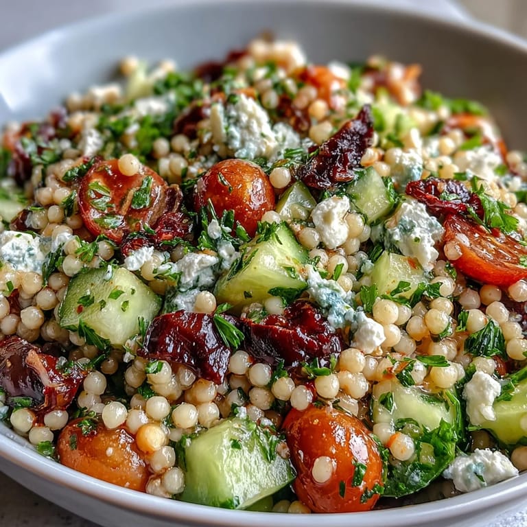 Overhead view of Mediterranean Pearl Couscous in a white bowl, garnished with fresh parsley and briny olives.