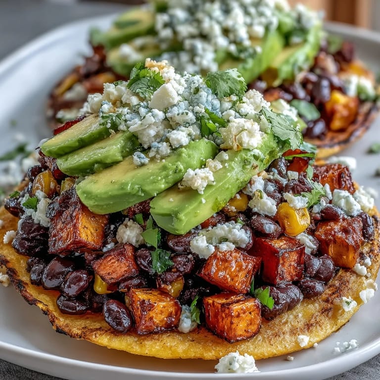 A vibrant serving of Black Bean and Sweet Potato Tostadas, featuring golden caramelized sweet potatoes and hearty black beans, ready to garnish with fresh cilantro and your favorite hot sauce.