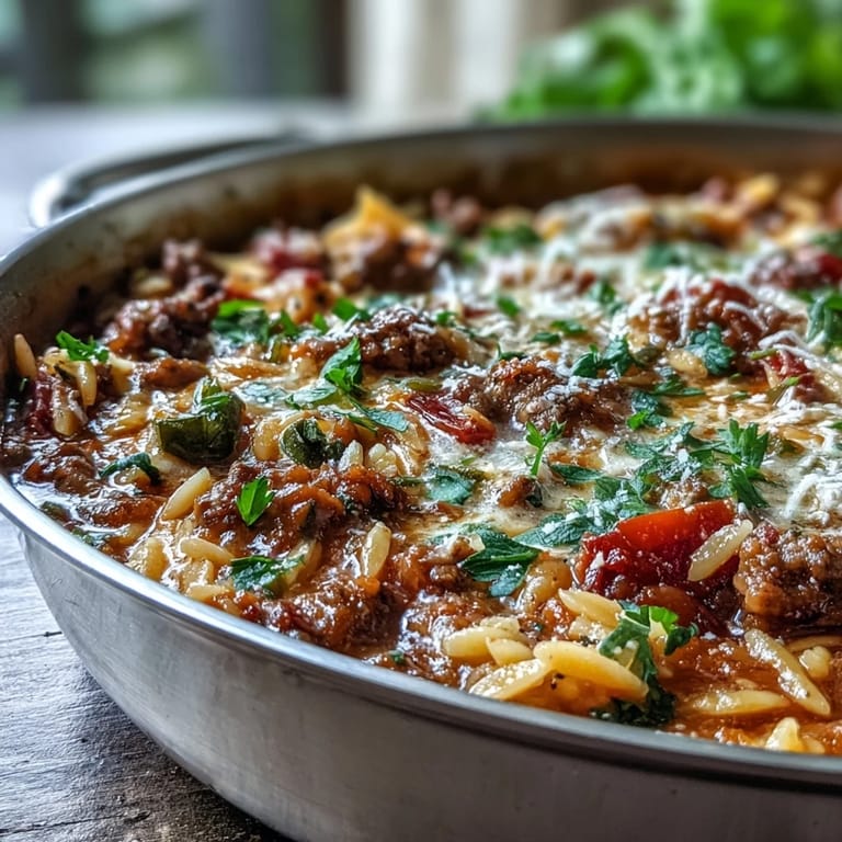 Plated Comforting Ground Beef Orzo Dinner served with a rustic spoon and garlic bread.