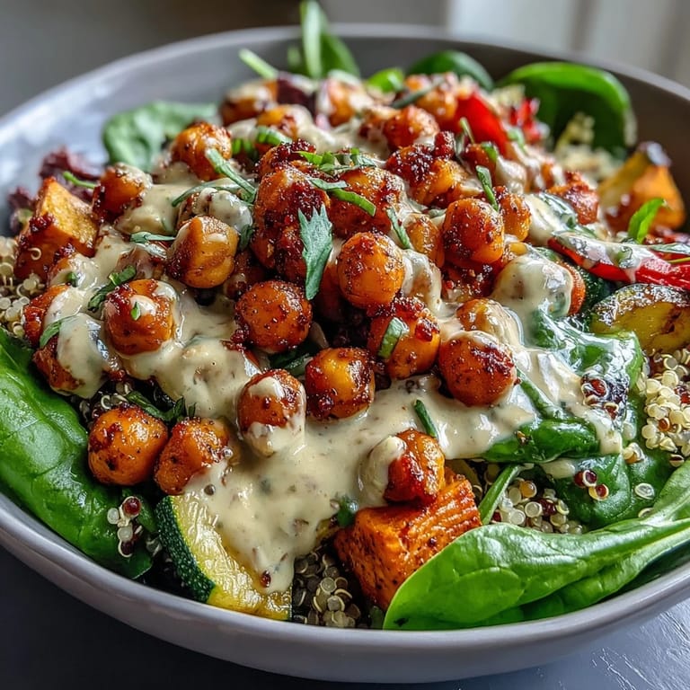 Close-up of a Roasted Chickpea Power Bowl showing golden chickpeas, zucchini, bell pepper, and a rich tahini dressing.