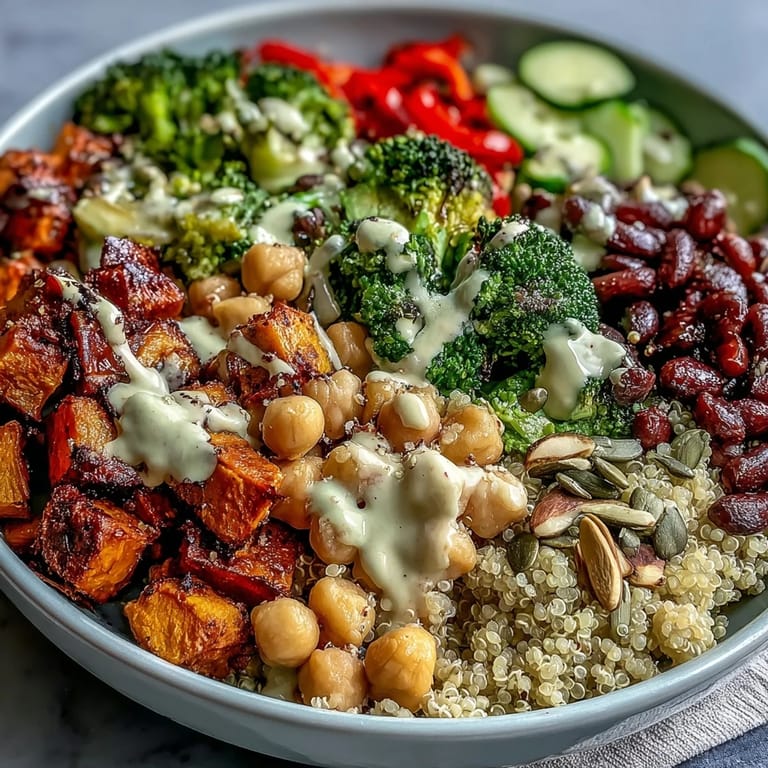 Bowl of Meal Prep Week-Long Power Bowl with fresh cucumber, cherry tomatoes, and spinach, garnished with crunchy almonds and pumpkin seeds, perfect for a healthy vegan lunch.