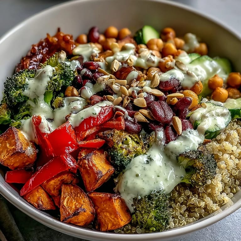 Overhead shot of five glass Meal Prep Week-Long Power Bowls packed with quinoa, black beans, roasted veggies, and seeds, ready for refrigeration and weekly eating.