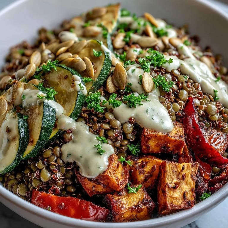 Golden roasted sweet potatoes, zucchini, and red peppers top a hearty bowl of lentils and grains.
