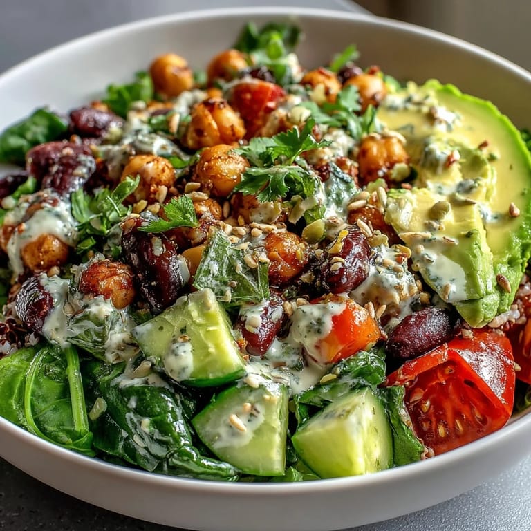 Spoon into this hearty Three-Bean Power Bowl brimming with crisp cucumber, cherry tomatoes, and a zesty lemon dressing.