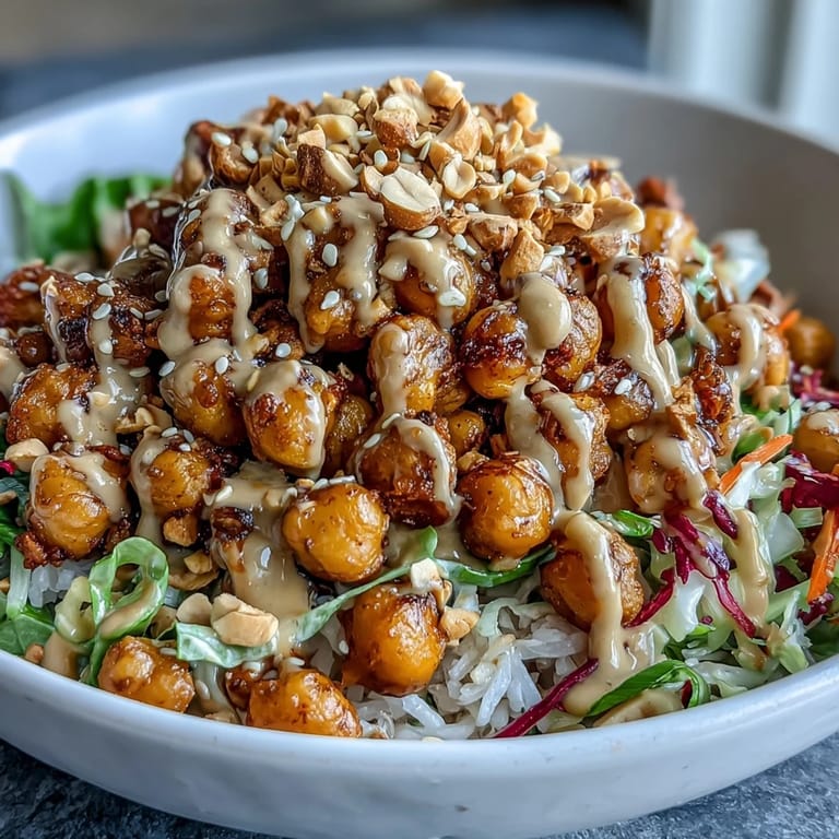 A nourishing Peanut Chickpea Protein Bowl topped with chopped peanuts, sesame seeds, and fresh lime wedges for serving.