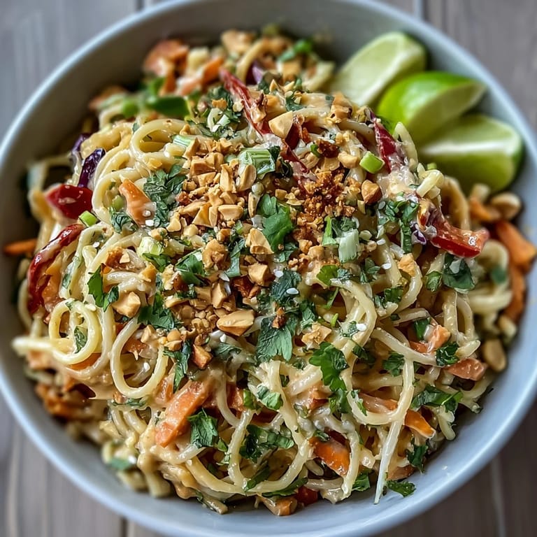 Savory Asian Peanut Noodle Bowl garnished with chopped peanuts, sesame seeds, cilantro, and lime wedges on a plate.