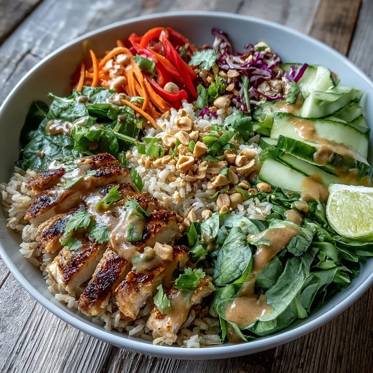 A close-up of the Peanut Chicken Power Bowl showing crisp purple cabbage, shredded carrots, and chopped peanuts on hearty grains.