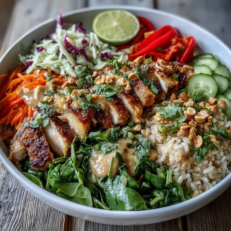 A vibrant, satisfying Peanut Chicken Power Bowl ready to eat, garnished with fresh cilantro and a bright wedge of lime.