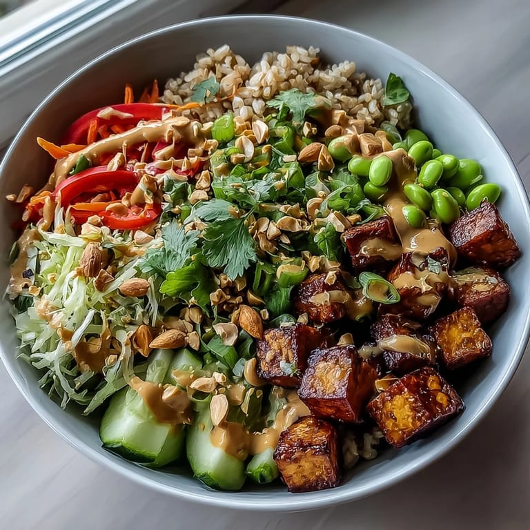 Bright red cabbage, julienned carrots, and steamed edamame top this wholesome Peanut Tofu Power Bowl, ready for a hearty lunch.